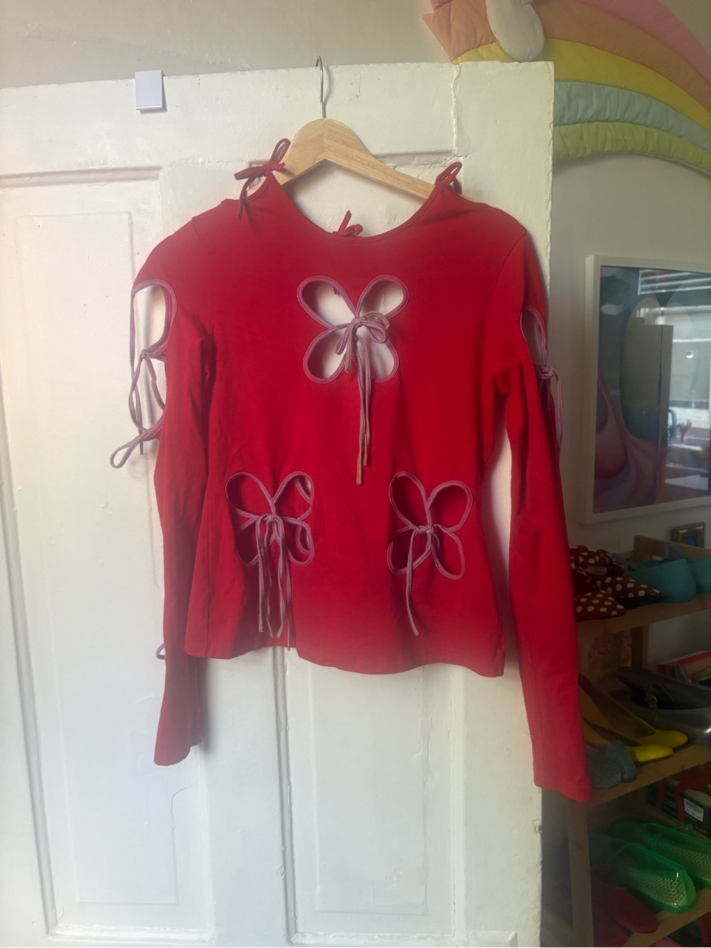J. Kim Petal Top Women’s Red Long-Sleeve Tie-Cutout